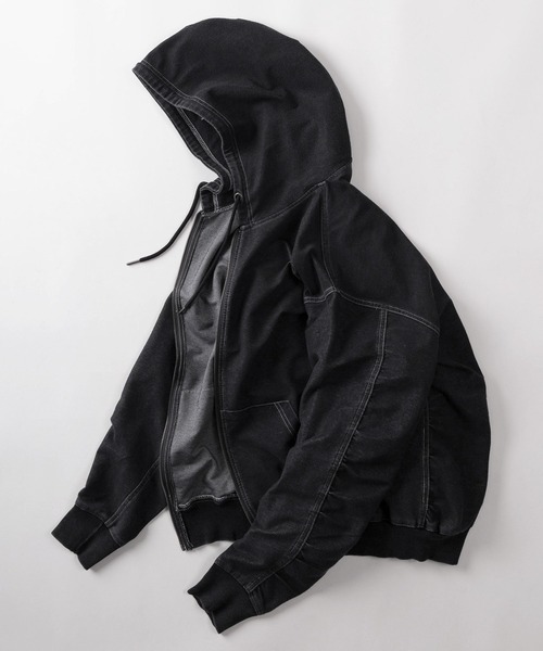 make a ray!（メイク ア レイ！）の「【84】ウォッシュ加工 カットデニム ストレッチ ジップパーカー（パーカー・メンズ・ブルー/ブラック・M/L）」の4枚目の写真