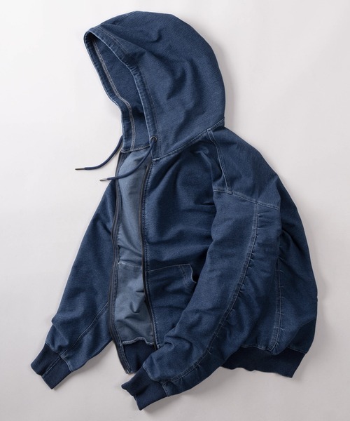 make a ray!（メイク ア レイ！）の「【84】ウォッシュ加工 カットデニム ストレッチ ジップパーカー（パーカー・メンズ・ブルー/ブラック・M/L）」の5枚目の写真