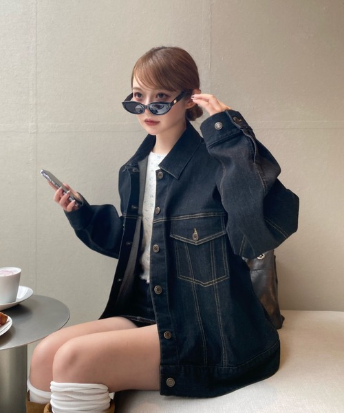 RAY CASSIN（レイカズン）の「【SET UPで着られる！】ウエストシェイプデニムGジャン（デニムジャケット・レディース・ブラック/ネイビー/ベージュ・FREE）」の2枚目の写真