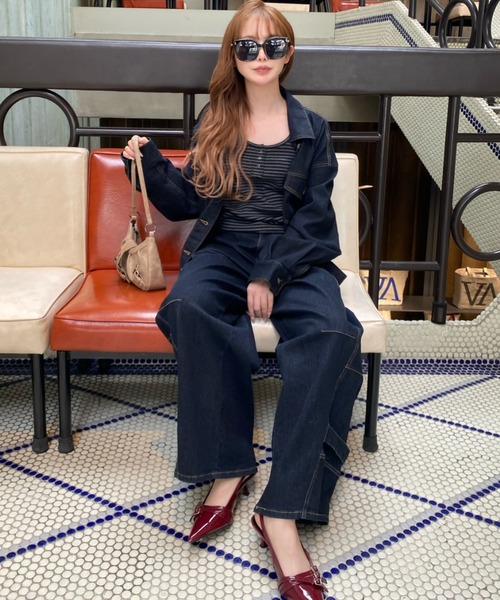 RAY CASSIN（レイカズン）の「【SET UPで着られる！】ウエストシェイプデニムGジャン（デニムジャケット・レディース・ブラック/ネイビー/ベージュ・FREE）」の18枚目の写真