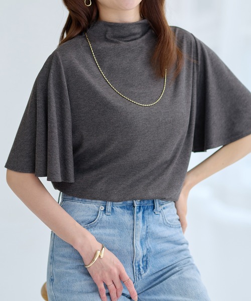 alotta（アロッタ）の「上品フレアー袖リブＴシャツ（Tシャツ/カットソー・レディース・ブラック/ライトベージュ/ブルーグリーン/チャコール・M/L/LL）」の22枚目の写真