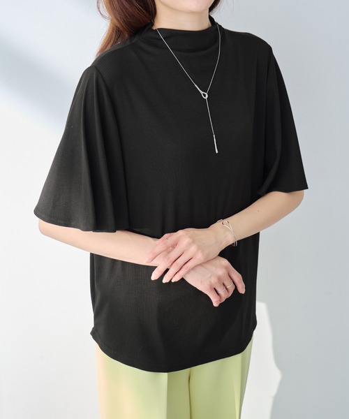 alotta（アロッタ）の「上品フレアー袖リブＴシャツ（Tシャツ/カットソー・レディース・ブラック/ライトベージュ/ブルーグリーン/チャコール・M/L/LL）」の6枚目の写真