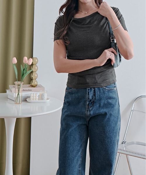 kirakiraShop(キラキラショップ)の「シャーリング オフショルダー トップス(Tシャツ/カットソー・レディース・イエロー/ネイビー/チャコール/ブラック/ピンク/ブラウン/ホワイト/ブルー/杢グレー・FREE)」の21枚目の写真
