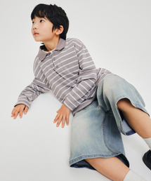 マルチストライプ長袖カラーTシャツ[グレー]