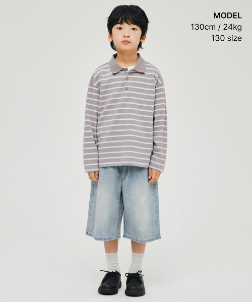 MUSINSA STANDARD KIDS（ムシンサスタンダードキッズ）の「マルチストライプ長袖カラーTシャツ[グレー]（ポロシャツ・レディース・その他・110/120/130/140/150/160）」の2枚目の写真