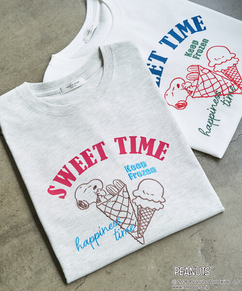 FREAK'S STORE（フリークスストア）の「限定展開　別注/PEANUTS/ピーナッツ SWEET TIME 半袖 Tシャツ（Tシャツ/カットソー・レディース・オフホワイト/ブラック/ライトピンク/ライトグレー・ﾌﾘ-）」の19枚目の写真