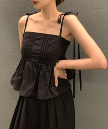 キャミソールトップス リボンストラップ ペプラム ギャザー ノースリーブ