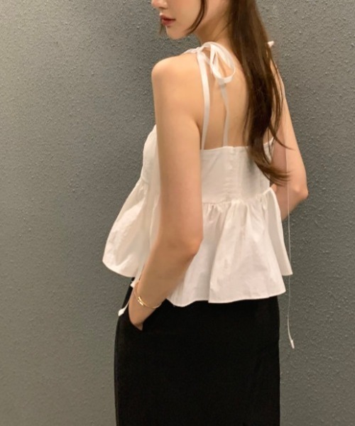 AMAJI（アマジ）の「キャミソールトップス リボンストラップ ペプラム ギャザー ノースリーブ（Tシャツ/カットソー・レディース・ホワイト/ブラック・FREE）」の3枚目の写真