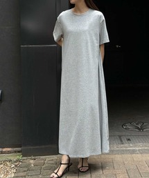 クルーネック半袖ワンマイルAラインロングワンピース