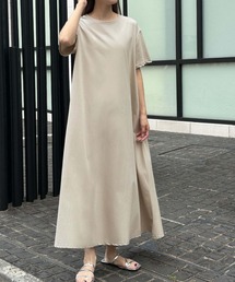 クルーネック半袖ワンマイルAラインロングワンピース