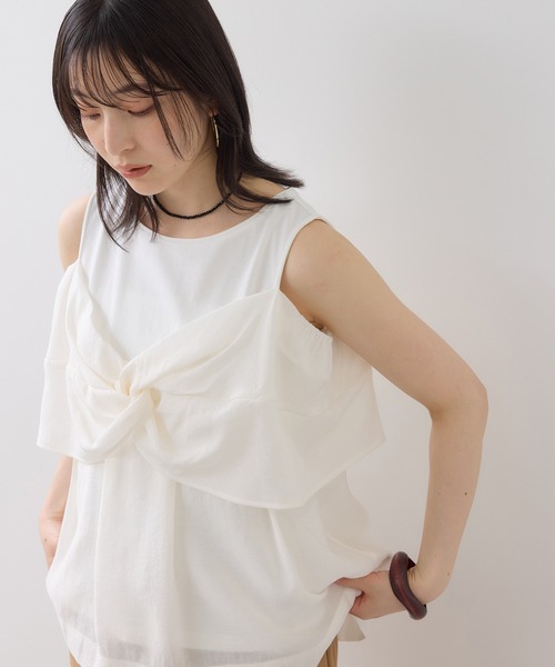 VIS(ビス)の「フロントリボンドッキングトップス/2WAY(Tシャツ/カットソー・レディース・チャコールグレー/オフホワイト・FREE)」の1枚目の写真