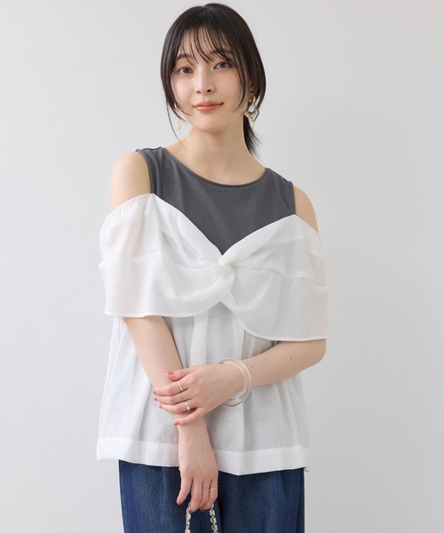 VIS(ビス)の「フロントリボンドッキングトップス/2WAY(Tシャツ/カットソー・レディース・チャコールグレー/オフホワイト・FREE)」の10枚目の写真