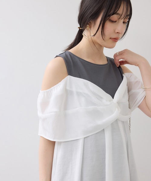 VIS(ビス)の「フロントリボンドッキングトップス/2WAY(Tシャツ/カットソー・レディース・チャコールグレー/オフホワイト・FREE)」の9枚目の写真