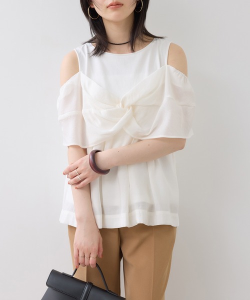 VIS(ビス)の「フロントリボンドッキングトップス/2WAY(Tシャツ/カットソー・レディース・チャコールグレー/オフホワイト・FREE)」の5枚目の写真