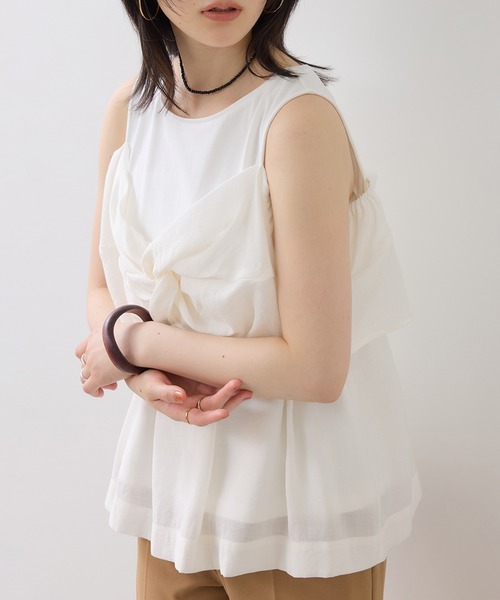VIS(ビス)の「フロントリボンドッキングトップス/2WAY(Tシャツ/カットソー・レディース・チャコールグレー/オフホワイト・FREE)」の6枚目の写真