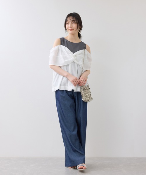 VIS(ビス)の「フロントリボンドッキングトップス/2WAY(Tシャツ/カットソー・レディース・チャコールグレー/オフホワイト・FREE)」の14枚目の写真