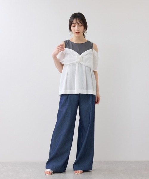 VIS(ビス)の「フロントリボンドッキングトップス/2WAY(Tシャツ/カットソー・レディース・チャコールグレー/オフホワイト・FREE)」の13枚目の写真