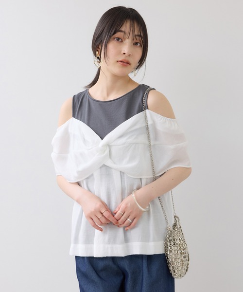 VIS(ビス)の「フロントリボンドッキングトップス/2WAY(Tシャツ/カットソー・レディース・チャコールグレー/オフホワイト・FREE)」の11枚目の写真