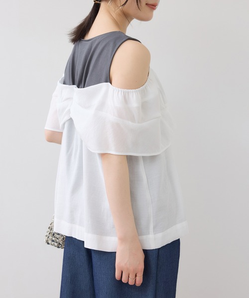 VIS(ビス)の「フロントリボンドッキングトップス/2WAY(Tシャツ/カットソー・レディース・チャコールグレー/オフホワイト・FREE)」の12枚目の写真