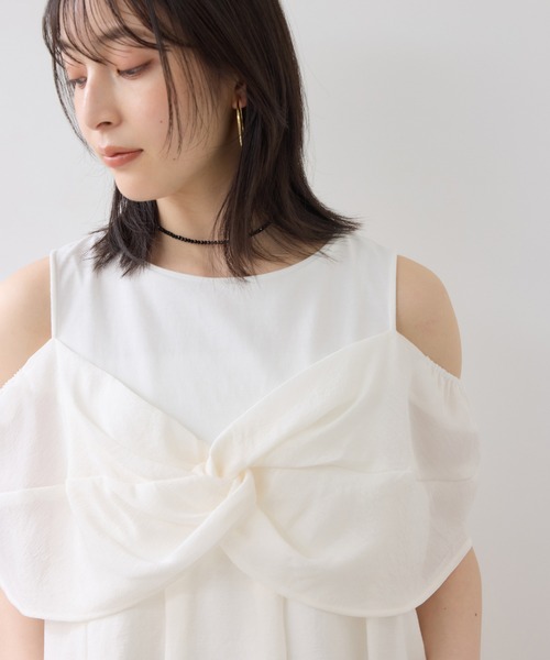 VIS(ビス)の「フロントリボンドッキングトップス/2WAY(Tシャツ/カットソー・レディース・チャコールグレー/オフホワイト・FREE)」の3枚目の写真