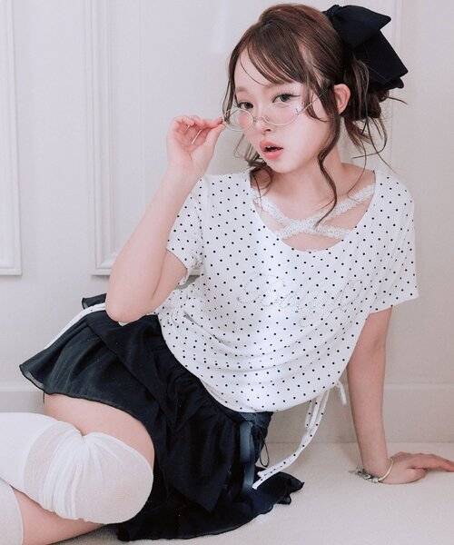 OLIVE des OLIVE（オリーブデオリーブ）の「胸クロスドロストTシャツ（Tシャツ/カットソー・レディース・ホワイト/ブラック系その他/オフホワイト/サックスブルー/ブラック/ピンク・FREE）」の14枚目の写真