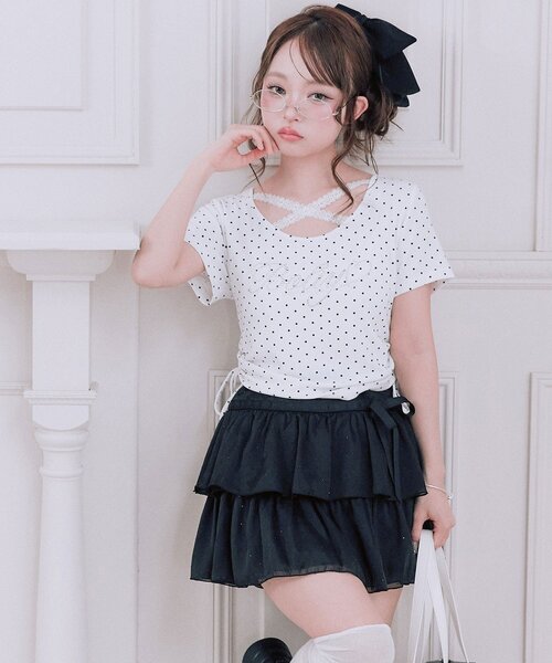 OLIVE des OLIVE（オリーブデオリーブ）の「胸クロスドロストTシャツ（Tシャツ/カットソー・レディース・ホワイト/ブラック系その他/オフホワイト/サックスブルー/ブラック/ピンク・FREE）」の13枚目の写真