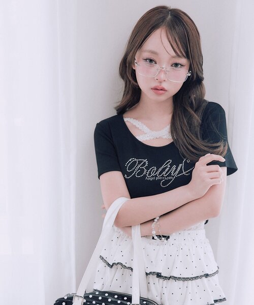 OLIVE des OLIVE（オリーブデオリーブ）の「胸クロスドロストTシャツ（Tシャツ/カットソー・レディース・ホワイト/ブラック系その他/オフホワイト/サックスブルー/ブラック/ピンク・FREE）」の17枚目の写真