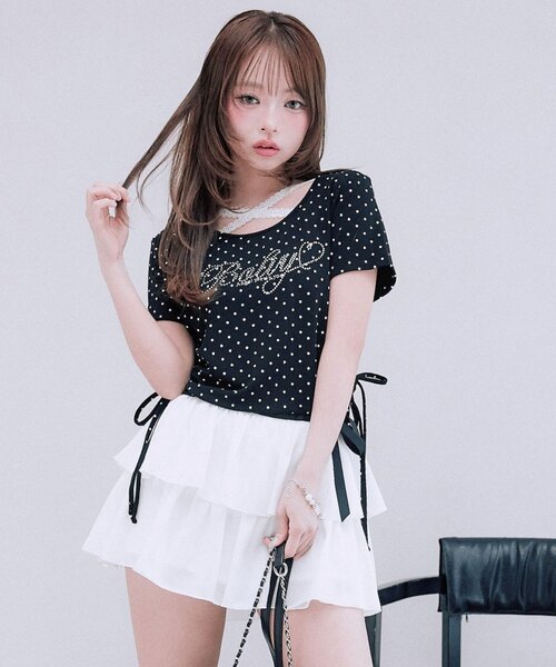 OLIVE des OLIVE（オリーブデオリーブ）の「胸クロスドロストTシャツ（Tシャツ/カットソー・レディース・ホワイト/ブラック系その他/オフホワイト/サックスブルー/ブラック/ピンク・FREE）」の4枚目の写真