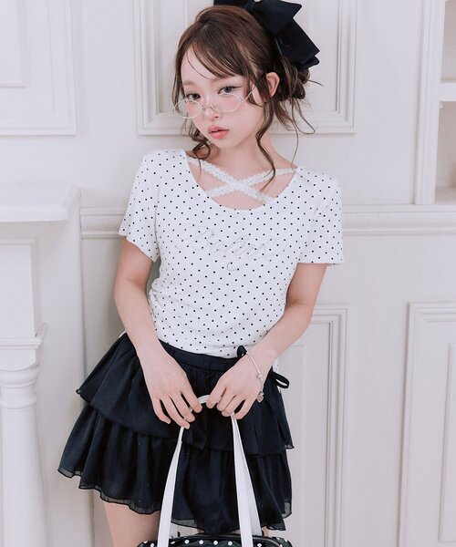 OLIVE des OLIVE（オリーブデオリーブ）の「胸クロスドロストTシャツ（Tシャツ/カットソー・レディース・ホワイト/ブラック系その他/オフホワイト/サックスブルー/ブラック/ピンク・FREE）」の2枚目の写真