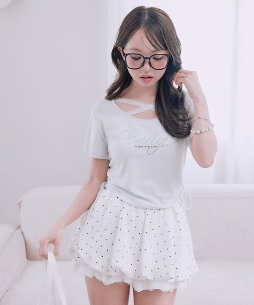 OLIVE des OLIVE（オリーブデオリーブ）の「胸クロスドロストTシャツ（Tシャツ/カットソー・レディース・ホワイト/ブラック系その他/オフホワイト/サックスブルー/ブラック/ピンク・FREE）」の5枚目の写真