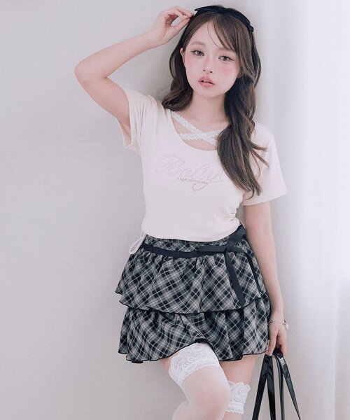 OLIVE des OLIVE（オリーブデオリーブ）の「胸クロスドロストTシャツ（Tシャツ/カットソー・レディース・ホワイト/ブラック系その他/オフホワイト/サックスブルー/ブラック/ピンク・FREE）」の6枚目の写真