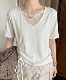 サイドギャザーレースレイヤードVネックTシャツ