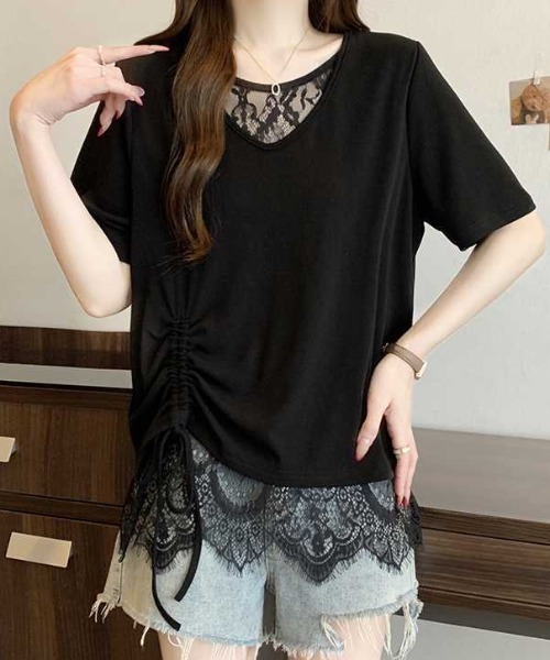 Teem Store(チームストア)の「サイドギャザーレースレイヤードVネックTシャツ(Tシャツ/カットソー・レディース・ブラック/ホワイト・F)」の3枚目の写真