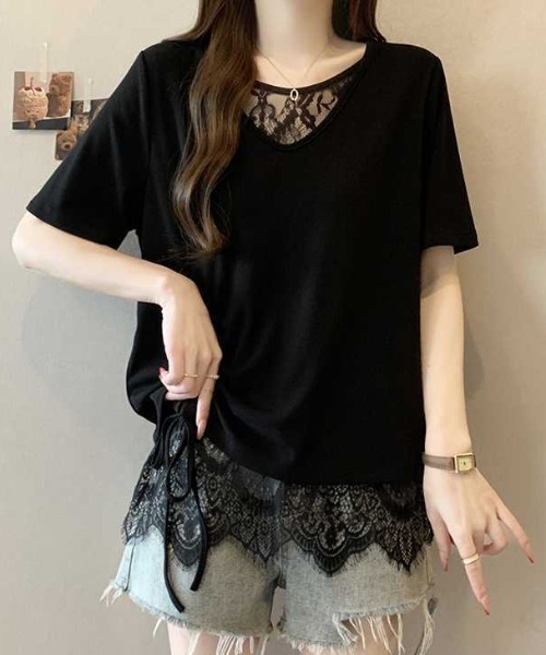 Teem Store(チームストア)の「サイドギャザーレースレイヤードVネックTシャツ(Tシャツ/カットソー・レディース・ブラック/ホワイト・F)」の5枚目の写真