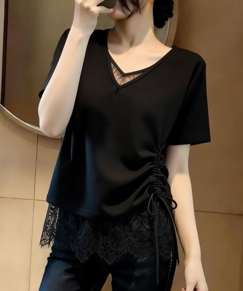 Teem Store(チームストア)の「サイドギャザーレースレイヤードVネックTシャツ(Tシャツ/カットソー・レディース・ブラック/ホワイト・F)」の6枚目の写真