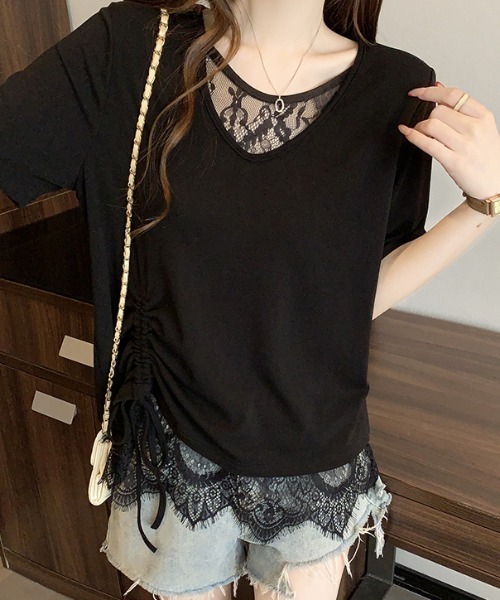 Teem Store(チームストア)の「サイドギャザーレースレイヤードVネックTシャツ(Tシャツ/カットソー・レディース・ブラック/ホワイト・F)」の22枚目の写真