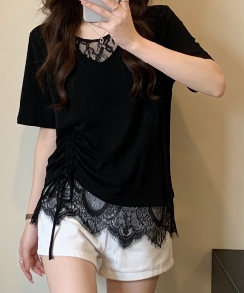 Teem Store(チームストア)の「サイドギャザーレースレイヤードVネックTシャツ(Tシャツ/カットソー・レディース・ブラック/ホワイト・F)」の19枚目の写真