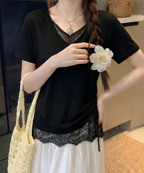 Teem Store(チームストア)の「サイドギャザーレースレイヤードVネックTシャツ(Tシャツ/カットソー・レディース・ブラック/ホワイト・F)」の18枚目の写真