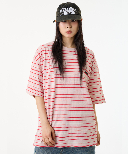 UNKNOWN PLANET(アンノウンプラネット)の「ルーズストライプハーフスリーブピーチピンク(Tシャツ/カットソー・レディース・その他・SMALL/MEDIUM/FREE)」の2枚目の写真