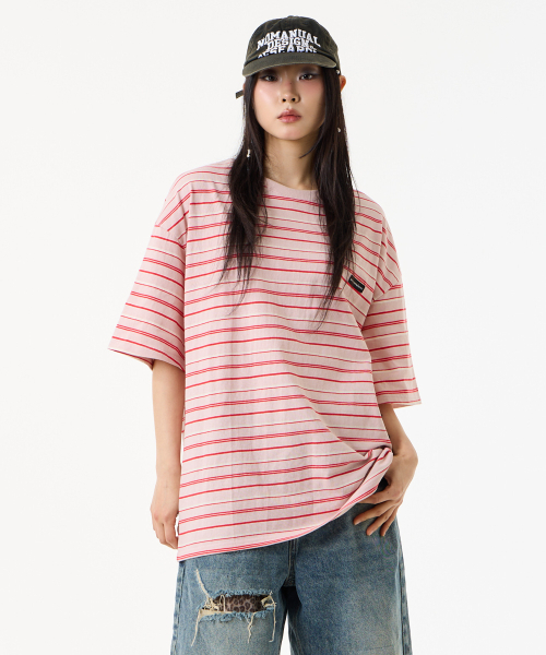 UNKNOWN PLANET(アンノウンプラネット)の「ルーズストライプハーフスリーブピーチピンク(Tシャツ/カットソー・レディース・その他・SMALL/MEDIUM/FREE)」の3枚目の写真