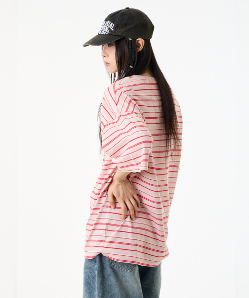 UNKNOWN PLANET(アンノウンプラネット)の「ルーズストライプハーフスリーブピーチピンク(Tシャツ/カットソー・レディース・その他・SMALL/MEDIUM/FREE)」の5枚目の写真