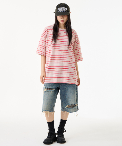 UNKNOWN PLANET(アンノウンプラネット)の「ルーズストライプハーフスリーブピーチピンク(Tシャツ/カットソー・レディース・その他・SMALL/MEDIUM/FREE)」の6枚目の写真