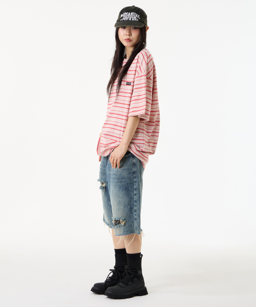 UNKNOWN PLANET(アンノウンプラネット)の「ルーズストライプハーフスリーブピーチピンク(Tシャツ/カットソー・レディース・その他・SMALL/MEDIUM/FREE)」の7枚目の写真