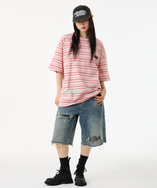 UNKNOWN PLANET(アンノウンプラネット)の「ルーズストライプハーフスリーブピーチピンク(Tシャツ/カットソー・レディース・その他・SMALL/MEDIUM/FREE)」の8枚目の写真