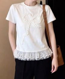リボンモチーフレースヘムTシャツ