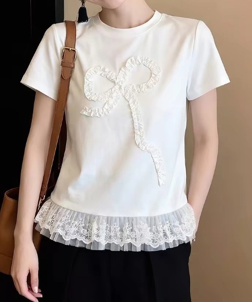 LUCPY(ラクピー)の「リボンモチーフレースヘムTシャツ(Tシャツ/カットソー・レディース・ホワイト・X-LARGE/LARGE/MEDIUM/SMALL)」の2枚目の写真