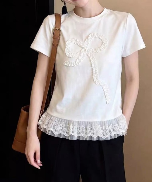 LUCPY(ラクピー)の「リボンモチーフレースヘムTシャツ(Tシャツ/カットソー・レディース・ホワイト・X-LARGE/LARGE/MEDIUM/SMALL)」の3枚目の写真