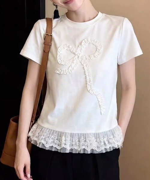 LUCPY(ラクピー)の「リボンモチーフレースヘムTシャツ(Tシャツ/カットソー・レディース・ホワイト・X-LARGE/LARGE/MEDIUM/SMALL)」の4枚目の写真