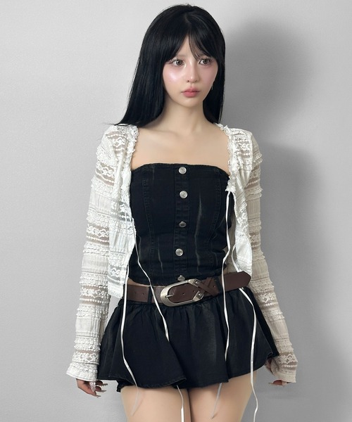 FOLLOWIN(フォロウィン)の「【セットアップ】ヴィンテージライクデニムチューブトップ+フレアスカート(セットアップ・レディース・ブラック・FREE)」の7枚目の写真