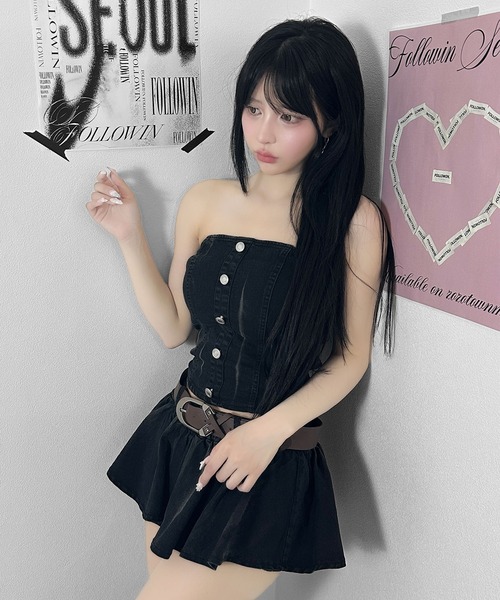 FOLLOWIN(フォロウィン)の「【セットアップ】ヴィンテージライクデニムチューブトップ+フレアスカート(セットアップ・レディース・ブラック・FREE)」の15枚目の写真